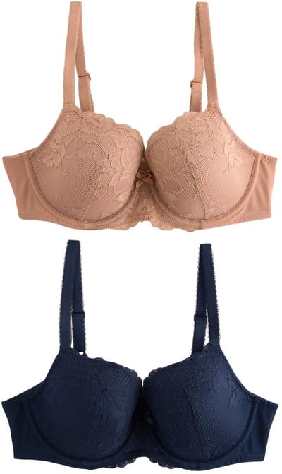 Next - Dames - Set van 2 DD+ kanten balconette beha's met vulling - Blauw