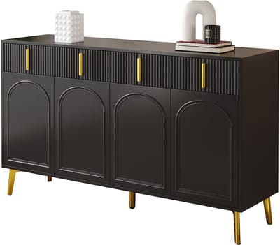 Dressoir - 140x38x82 cm - Met Gouden Grepen En Poten - 4 Deuren En 4 Lades - Verstelbare Legplanken - MDF - Zwart