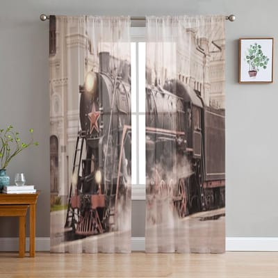 Retro Stoomtrein Staat Op Het Station Chiffon Transparante Gordijnen voor Woonkamer Slaapkamer Raam Voiles Tule Gordijn 135W x 114H(cm) gray