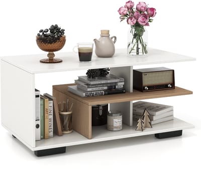 COSTWAY Salontafel met opbergruimte, rechthoekige woonkamertafel retro met L-vormige middenplank, 3-traps geometrische koffietafel voor woonkamer, ontvangstruimte, 90 x 50 x 42 cm (natuur+wit)