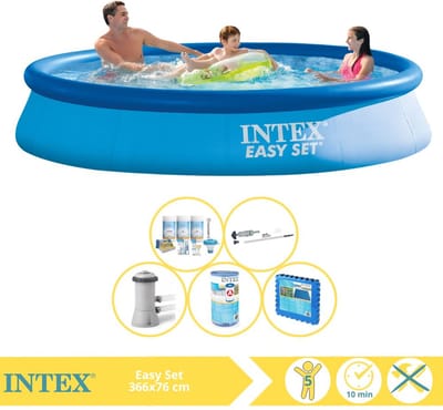 Intex Rond Opblaasbaar Easy Set Zwembad - 366 x 76 cm - Blauw - Inclusief Pomp - Onderhoudspakket - Filter - Stofzuiger - Vloertegels - 6-delig