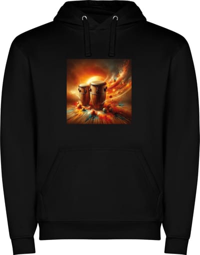 Zwarte unisex hoodie met “ Kleurrijke Bongo drums – Afrikaans – Dansen – Muziek – Vrolijk “ Print Full Color merk Roly maat 3XL