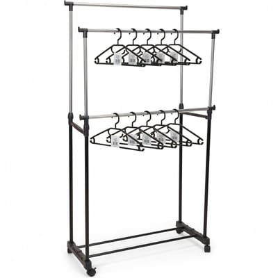 Benson Mobiel Kledingrek - incl 12x kledinghangers - op wieltjes - dubbele stang - verstelbaar - 160 cm - metaal