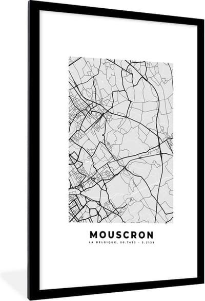 Fotolijst incl. Poster Zwart Wit- Stadskaart – Zwart Wit - Kaart – Mouscron – België – Plattegrond - 60x90 cm - Posterlijst