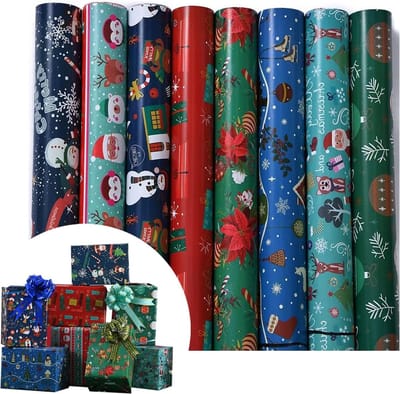 Kerstcadeau inpakpapier, 8 vellen gerecycled papier van 70 x 50 cm voor feestelijke inpak, DIY kerstcadeaus en decoratie