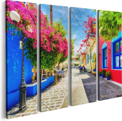Artaza Canvas Schilderij Vierluik Kleurrijke Straat op het Eiland Kos, Griekenland - 80x60 - Foto Op Canvas - Canvas Print