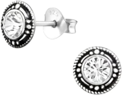 Aramat Jewels | Oorbellen | Oorstekers – Sterling Zilver Bali Etnisch Transparant Kristal 7mm Rond Geoxideerd | | | |7mm | Zilver | Kinderen, Volwassenen | Verkleurd niet
