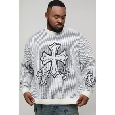 Plus oversized boxy pluizige cross jacquard gebreide trui | Ecru | Size 2XL