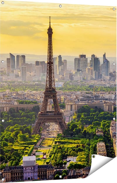 Gards Tuinposter Skyline van Parijs met de Eiffeltoren - 90x120 cm - Tuindoek - Tuindecoratie - Wanddecoratie buiten - Tuinschilderij