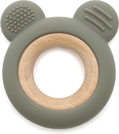 Snufie Beer Bijtring – Hout & Siliconen – Baby Speelgoed – Kraamcadeau – Babyshower Cadeau – BPA-vrij – Vanaf 3 maanden – Sage Groen