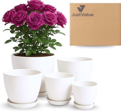 JustValue Bloempot Set - 5-Delig - Met Onderschotel - Met Drainagegaten - Kunststof - Rond - Binnen - Buiten - Balkonplanten - Kamerplanten - Wit - Ø 12.2-18 Cm