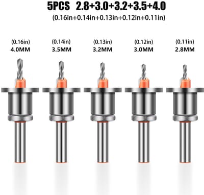 5-delige set bestaande uit een 8 mm verzinkboor met aanslag, een boor met aluminium kop, een conische gatenboor, een trapboor voor houtbewerking en een boor voor het installeren van schroeven.