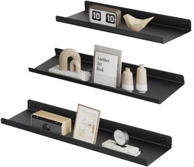 Set van 3 zwevende wandplanken in industriële stijl - Zwarte metalen decoratieplanken voor muurdecoratie