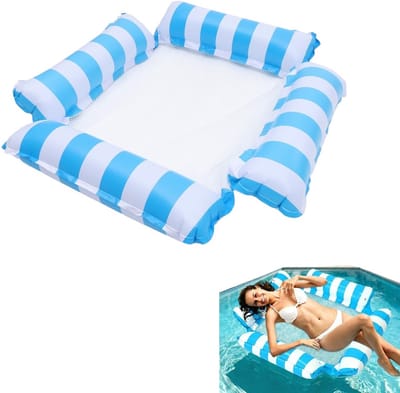 Blauw opblaasbaar zwembad-luchtbed – Met comfortabele zitting van gaas – Draagbare drijvende ligstoel – Geschikt voor zwembaden, strand, vakantie en feestjes – 118 x 118 x 9 cm