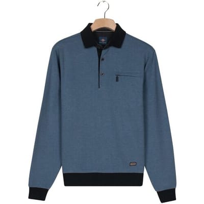 Baileys Trui 2-Tone Jacquard Sweat Polo Collar Placket Buttons Mid Denim Blue / male