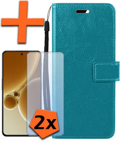 Hoes - Met 2x Screenprotector - Geschikt voor OnePlus Nord 3 - Luxe Pasjeshouder - Bookcase Portemonee - Flip Case - Kunstleer Book Case - Flipcase Hoes - Book Cover - Walletcase - PortemonneeHoes - Turquoise