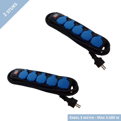 SHI stekkerdoos 5 voudig met schakelaar - 3 mtr rubber kabel - Randaarde - Spatwaterdicht - 2 stuks