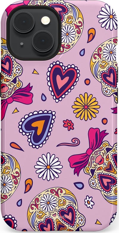 Casetastic hoesje geschikt voor Apple iPhone 15 - MagSafe - Dubbellaagse bescherming - Dia de los Muertos Doodshoofd Strik - Fashion Case - Lichtroze Lila Taupe Zilver