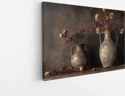 Saammp Canvas Schilderij - Droge Bloemen in Antieke Vazen - Vintage - Natuur - 45x30 - Foto op canvas - Wanddecoratie - Muurdecoratie Woonkamer - Kantoor Decoratie