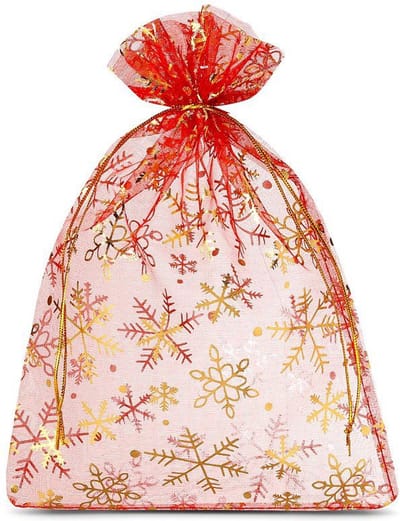 Kerst zakjes Organza - 26 x 35 cm - 5 stuk - Rood met  Gouden Sneeuwvlokken - Kerstverpakking Kerstdecoratie Kerstversiering