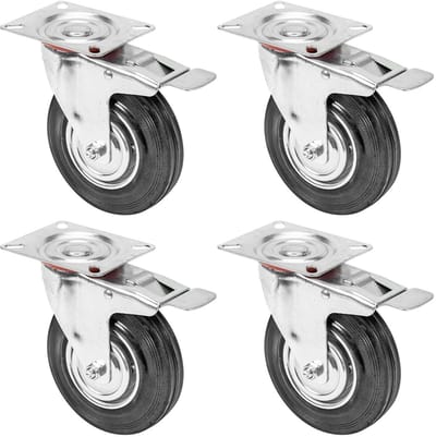 Zwaarlastwielen met Rem - 125 mm, Draagvermogen tot 400 kg, Set van 4, Zwart