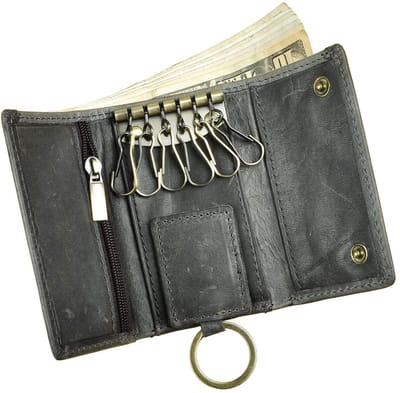 Dailygoods- Autosleutel Case Echt Leer - Sleutelkastje - Sleuteltasje - Portemonnee - Muntenvakje - 6 Sleutelhaken - L10cm × W2cm × H6.5cm - Sleuteltas