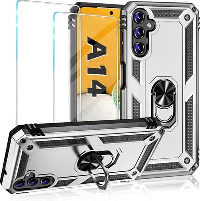 Casemania Hoesje Geschikt voor Samsung Galaxy A14 Grijs & 2X Glazen Screenprotector - Anti-Shock Hybrid Armor Back Cover - Hoes met Kickstand Ring