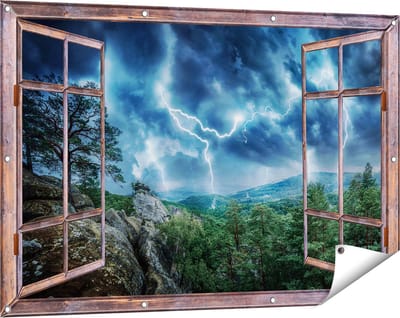 Gards Tuinposter Doorkijk Onweer in het Bos - Bliksem - 120x80 cm - Tuindoek - Tuindecoratie - Wanddecoratie buiten - Tuinschilderij