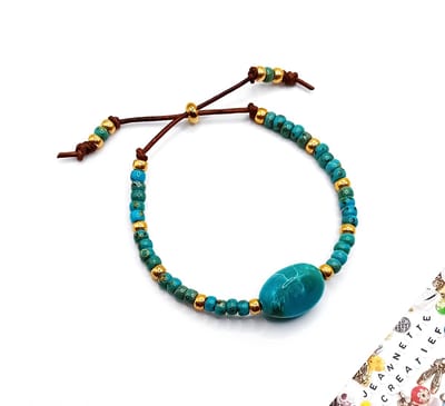 Jeannette-Creatief® - Beach - Armband Turquoise Big Rock - Armband met Grote Acrylkraal - Grote Acrylkraal - Turquoise Armband - Armband Miyuki Rocailles - Armband - Leren Armband - Armband met Schuifknoop – Kralenarmband - Miyuki Armband