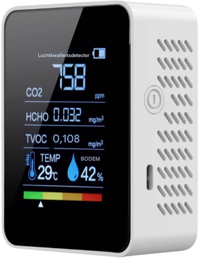 GELLDG Luchtkwaliteitsmonitor - Air Detector - Dynamische CO2 En VOC Analyse - Geluidsgeoptimaliseerde Sensortechnologie - Energiebesparende Chip Met LCD-scherm - Geschikt voor Thuis Kantoor En Onderweg - wit