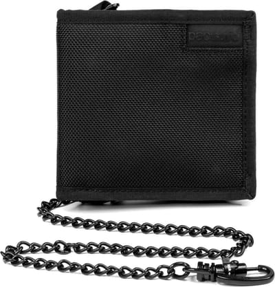 Pacsafe Portemonnee - 11 x 12.5 x 2.5 cm - Pasjeshouder - RFID-beveiligd - Inclusief Veiligheidsketting - Lichtgewicht - Veelzijdige Opslag - Polyester - Zwart