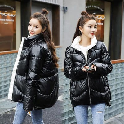 Winter Dames Glanzende Jas Waterdicht Mode Glanzende Standkraag Parka Dames Glanzende Dikke Katoenen Jas XXL zwart