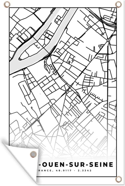Muurdecoratie Plattegrond – Saint-Ouen-sur-Seine - Kaart – Frankrijk – Stadskaart - Zwart wit - 120x180 cm - Tuinposter - Tuindoek
