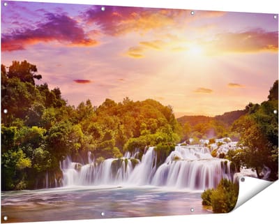 Gards Tuinposter Watervallen in het Bos - 150x100 cm - Tuindoek - Tuindecoratie - Wanddecoratie buiten - Tuinschilderij