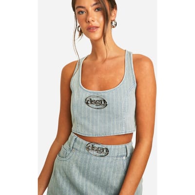 boohoo Dames DSGN Studio Badge Vintage Tint Stripe Denim Crop Top | Vintage Was | Maat: 40
