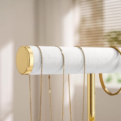 Sieradenorganizer met 2 niveaus, afneembare T-vormige standaard, voor armbanden, kettingen, horloges en ringen in wit fluweel