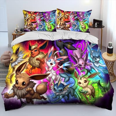 Parure de lit Cartoon Pikachu Pokemon Monstre 3D Housse de couette Ensemble de lit Housse de couette Taie d'oreiller Ensemble de lit Queen Adulte Enfants AU Double(180*210cm)3pcs