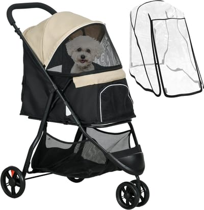 PawHut 2 in 1 Hundewagen Hundebuggy mit Regenschutz klappbar für Hunde & Katzen bis 10 kg Katzenbuggy mit Kissen Netzfenstern Türen Aufbewahrungskorb Katzenwagen Buggy Khaki