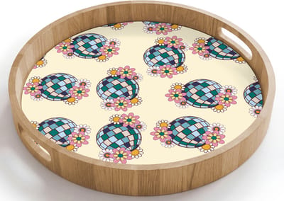 Dienblad rond 40x40 cm - Schootdienblad hout - Retro - Disco - Bloemen - Discobal - Borrelplank rechthoek - Plateau houten dienbladen