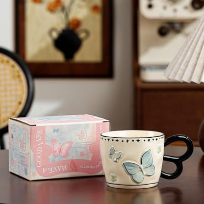 Mug Papillon Rétro avec Cuillère Mignon Couple Tasse à Café en Céramique Fille Nœud Cadeau Fille Tasse à Eau 400ml
