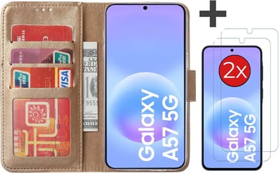 Hoesje met 2 Stuks Screenprotectors Geschikt voor Samsung Galaxy A57 – Arara bookcase met pasjeshouder - Goud