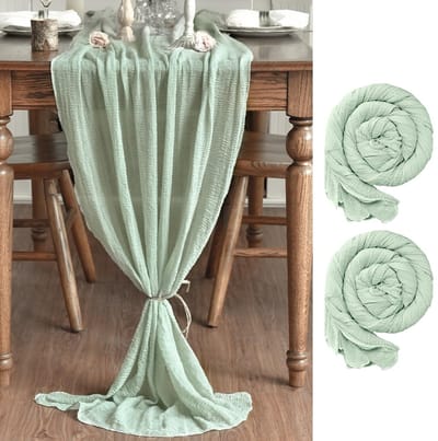 Gaze Tafelloper - Boho Stijl - Voor Tafeldecoratie Binnen - Salie Groen 2 Stuks 80x300 cm