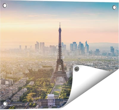 Gards Tuinposter Skyline van Parijs met de Eiffeltoren - 50x40 cm - Tuindoek - Tuindecoratie - Wanddecoratie buiten - Tuinschilderij