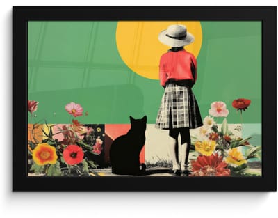 Poster in lijst - Fotolijst 30x20 cm - Posters - Retro - Meisje - Kat - Zon - Posterlijst zwart - Decoratie - Wanddecoratie woonkamer - Muurdecoratie slaapkamer