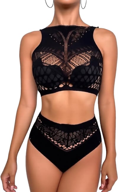 Elegante Zwarte Kanten Tweedelige Lingerieset met Hoge Taille Slip voor Festivals en Romantische Avonden