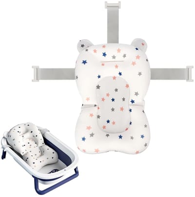 Daity Badmat – Badzitje met steunkussen – Verstelbaar, comfortabel, antislip driepunts babybadkussen van mesh – Geschikt voor baby's vanaf 6 maanden (exclusief badkuip).
