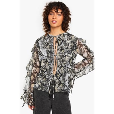 boohoo Dames Chiffon blouse met slangprint en strikdetail aan de voorkant | Snake | Maat: 6