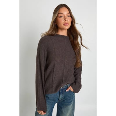 boohoo Dames Naaddetail Hoge Hals Gebreide Trui | Chocolate | Maat: Small