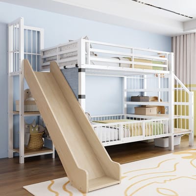 MODENUIT Hoogslaper 90x200 cm – Met Glijbaan en Opbergtrap – Beschermhekje met Deurtje – Zonder matras – Metaal en MDF – Wit