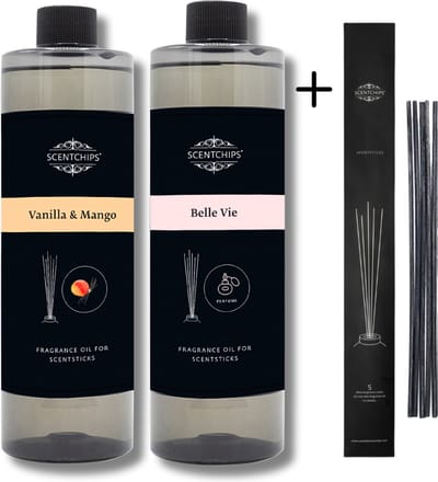 Navulling Vanille Mango + Belle Vie - Geurstokjes Navulling Set van 2 + 5 Geurstokjes - Geurverspreider - Luchtverfrisser - Huisparfum - 400ml x 2